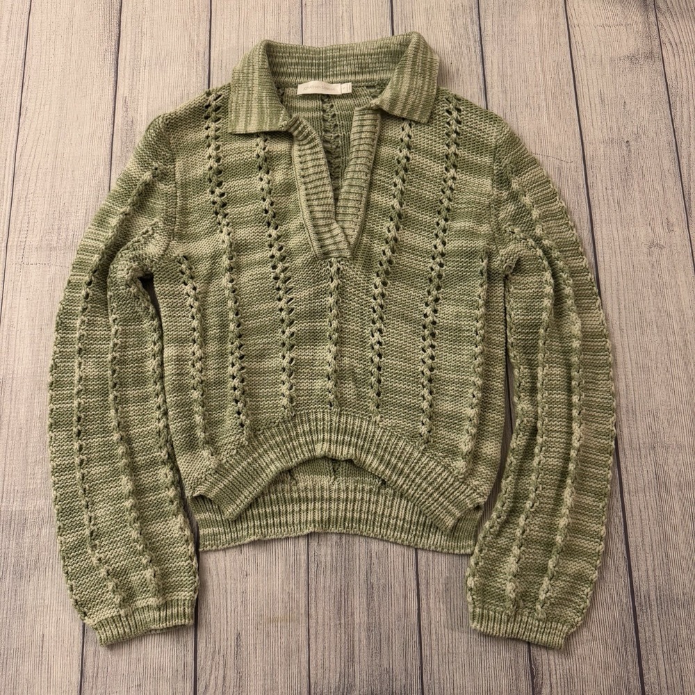 Jonathan Simkhai Berenice Polo Sweater Open Knit V-Neck Green Small Women's - Picture 2 of 7